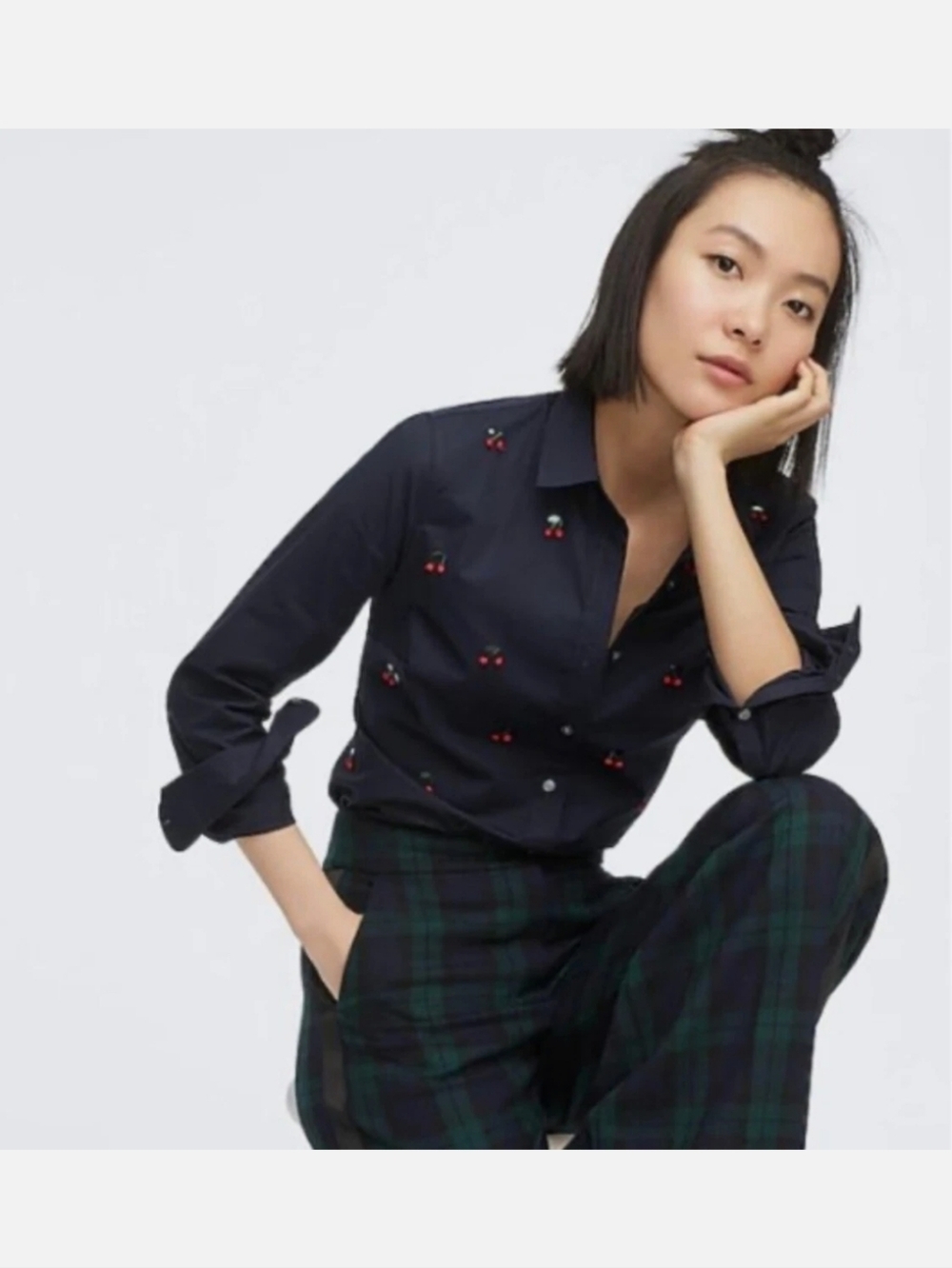 J. Crew Navy Blue Button-Down Shirt with Cherry Embroidery Size 6